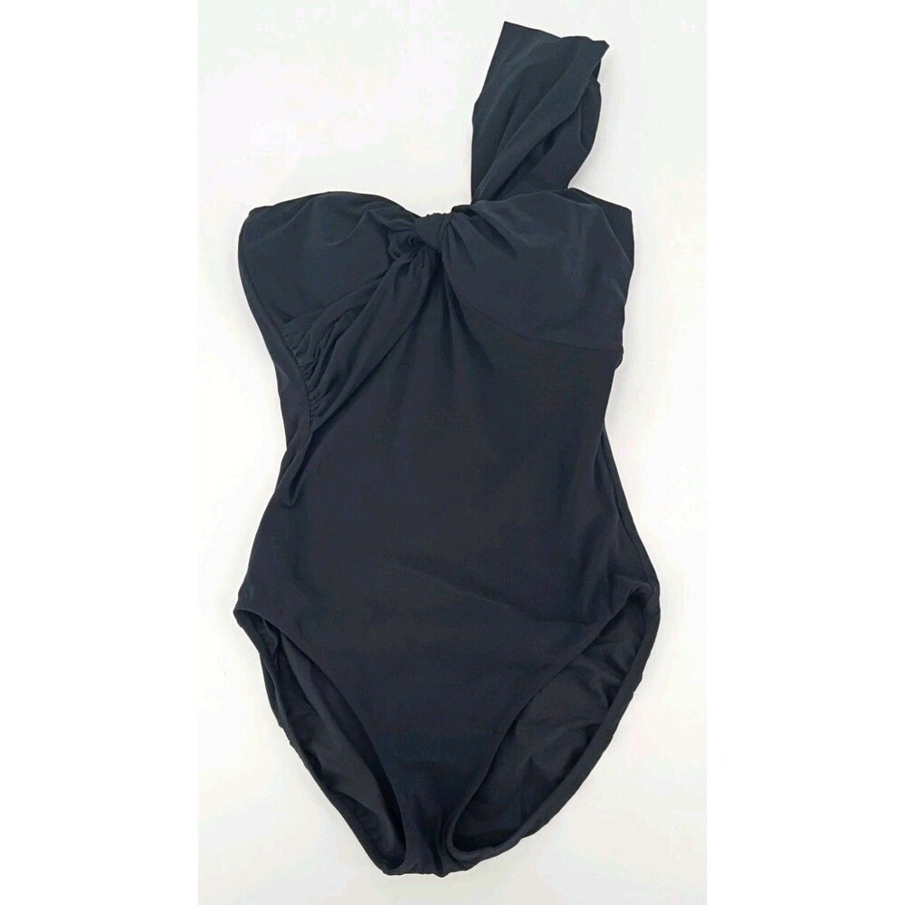 Gottex Black One Shoulder Twist Front Ruched One Piece Swimsuit Luxury Old Money